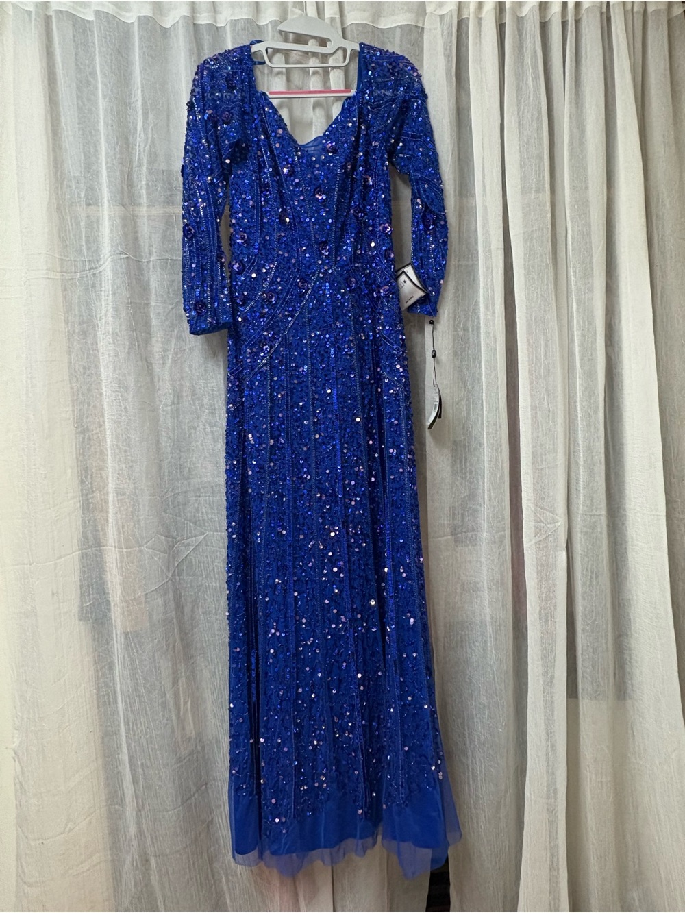 Adrianna Papell Cobalt Blue Sequin Long Sleeve Gown
